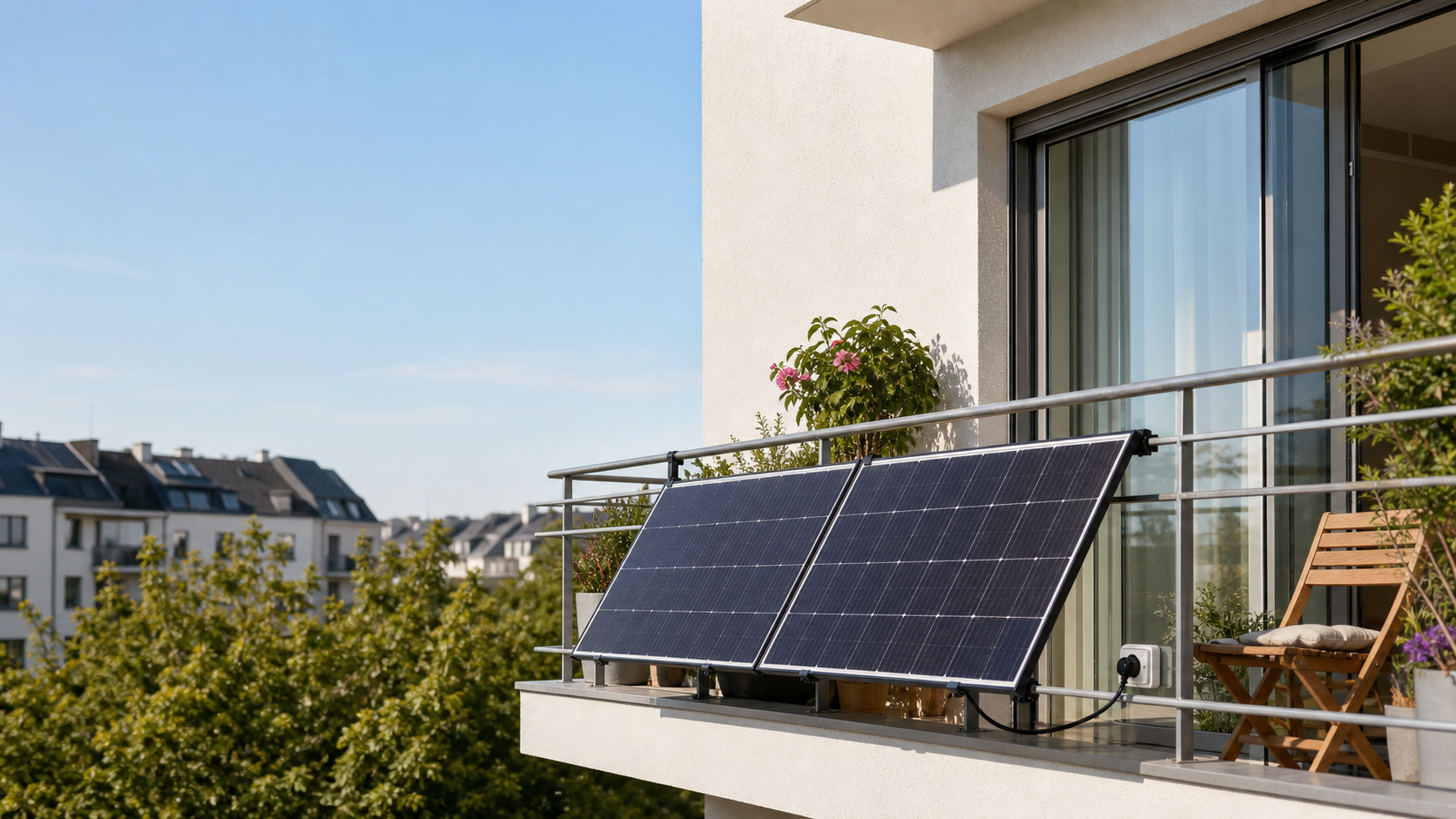 Balkon mit zwei montierten Solarmodulen an der Brüstung